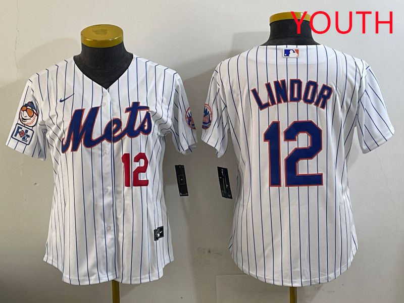 Youth New York Mets #12 Lindor White Stirpe Game Fashion 2025 Nike MLB Jersey style 2